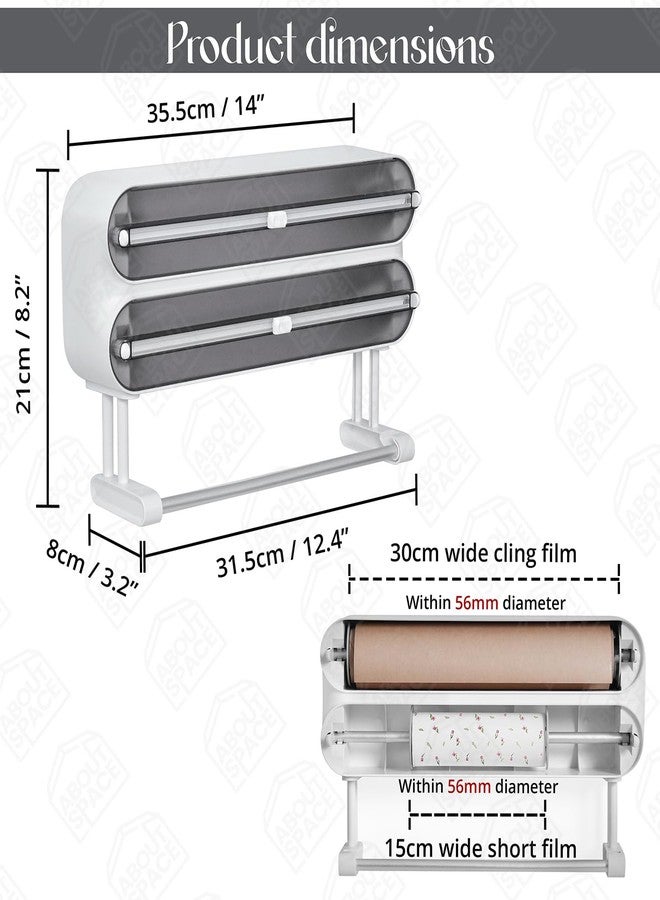 ABOUT SPACE موزع غلاف مغناطيسي مع قاطع من ABOUT SPACE - حامل غلاف مثبت على الحائط 4 في 1 مع قاطع وحامل تخزين لفافة مناديل المطبخ، موزع غلاف بلاستيكي/لاصق - شفاف (الطول 35.5 × العرض 8 × الارتفاع 21 سم) - Image 2
